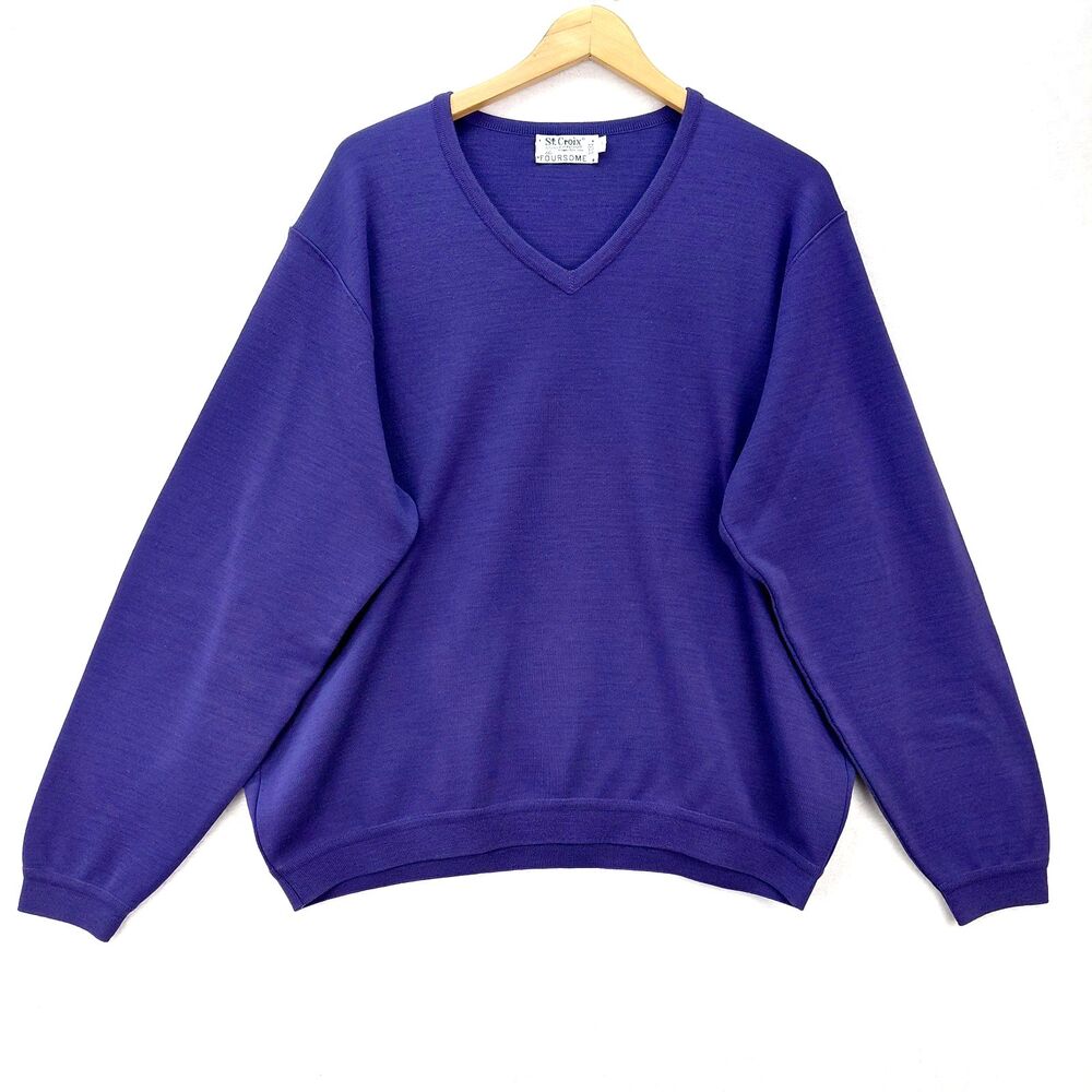 St Croix Collection Sweater Men Large Purple 100% Wool V Neck Minimalist USA VTG